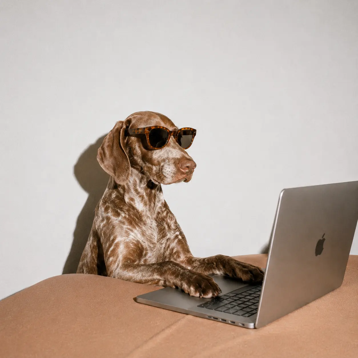 Ein brauner Hund mit Sonnenbrille sitzt aufrecht an einem Tisch, die Vorderpfoten auf der Tastatur eines Laptops, und scheint vor einem schlichten Hintergrund den Computer zu benutzen.